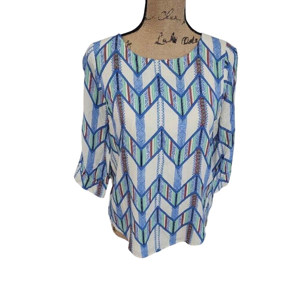 Skies Are Blue Womens XS Blue Green Geometric Chevron 3/4 Sleeve Blouse Top